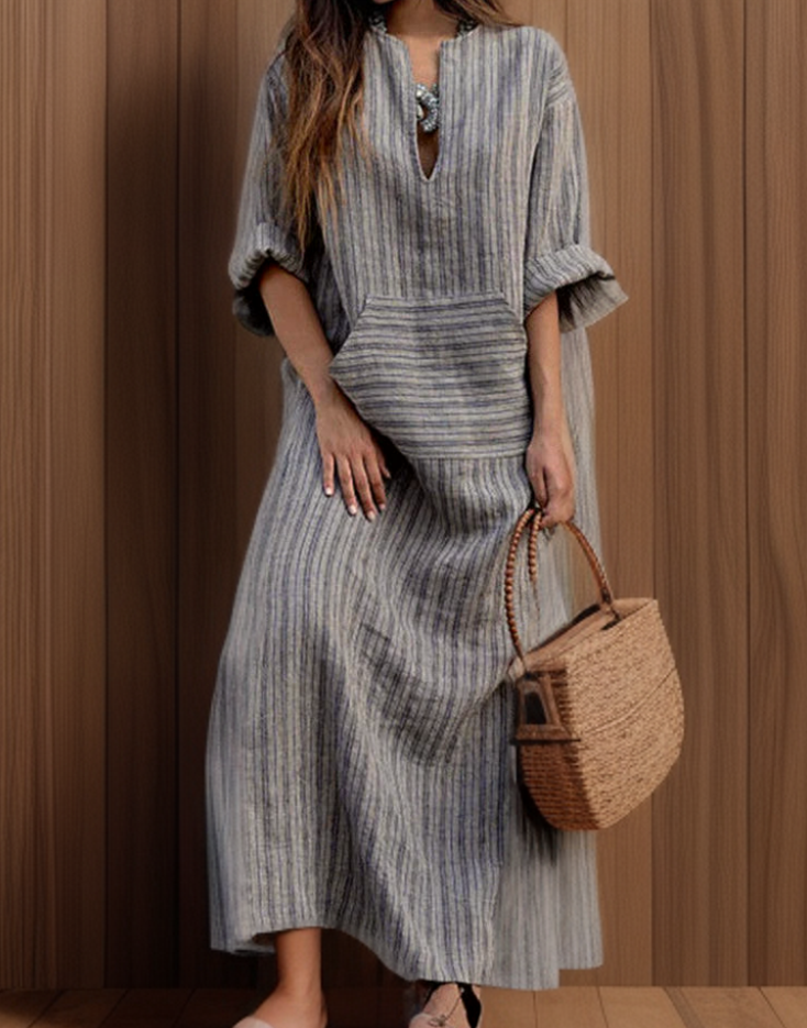 Hailey┃Casual long dress with vintage stripes and V-neck
