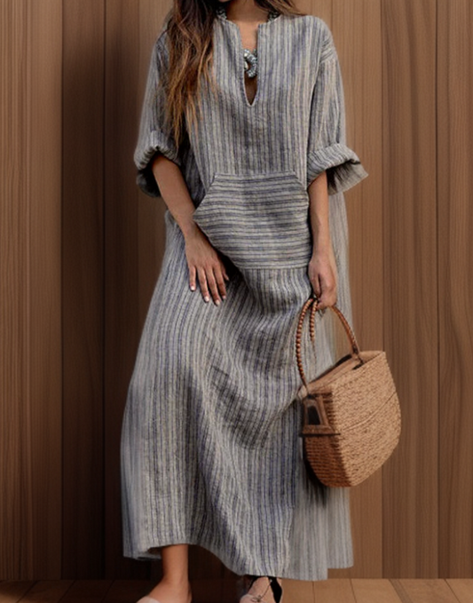 Hailey┃Casual long dress with vintage stripes and V-neck