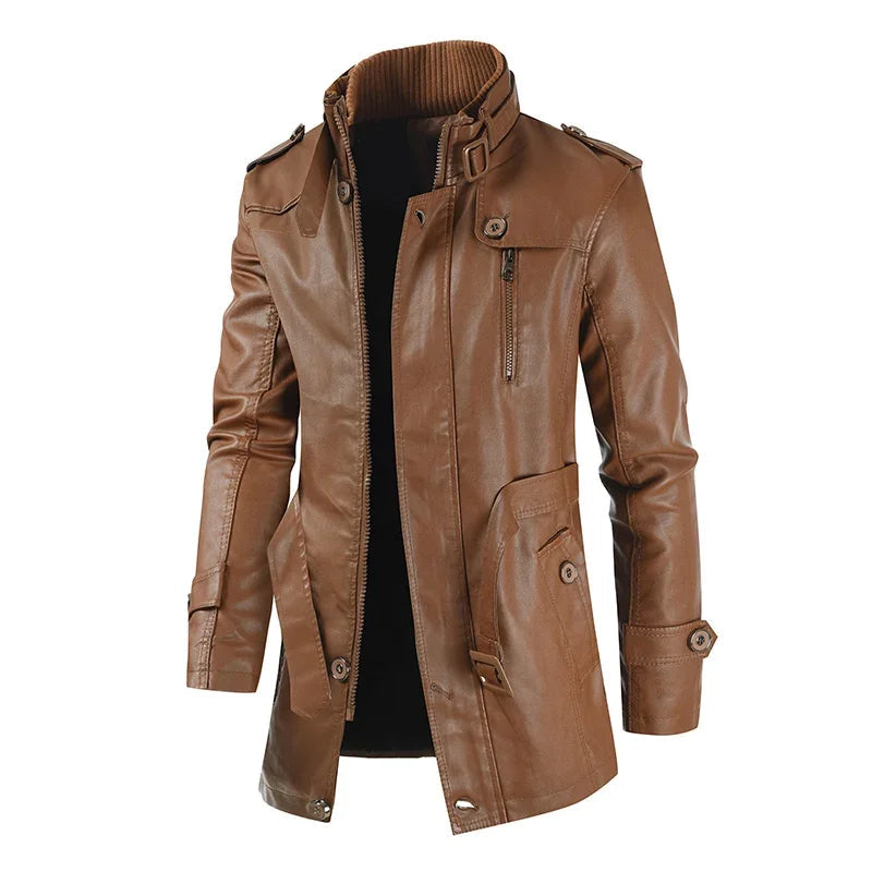 Elegant long leather biker jacket
